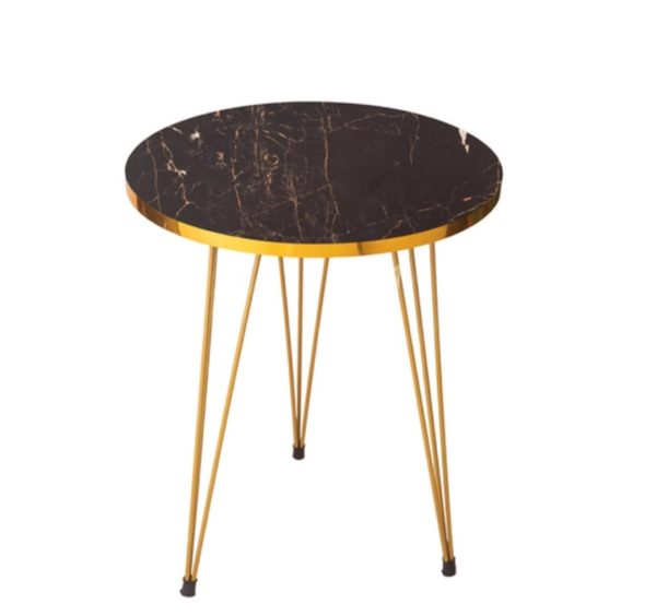 20" Black & Gold Round Coffee Table - Marble-Look Top with Metal Legs