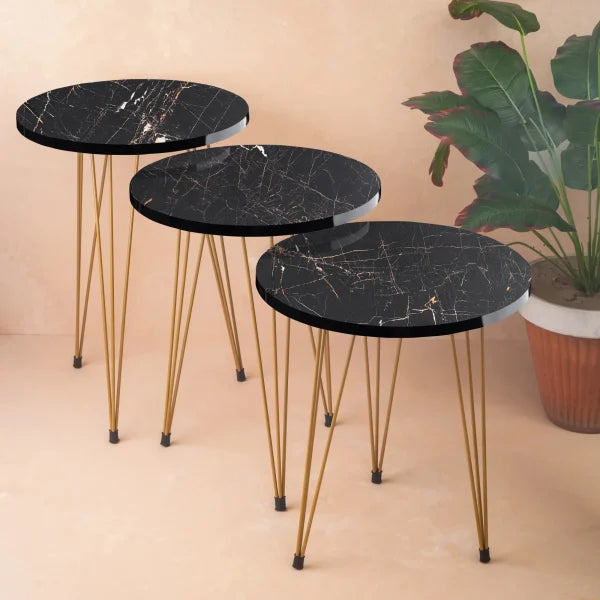20" Black & Gold Round Coffee Table - Marble-Look Top with Metal Legs