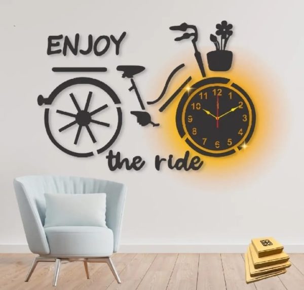 20" Bicycle-Themed 3D Wooden Wall Clock with LED Light - 'Enjoy The Ride' Rustic Decor