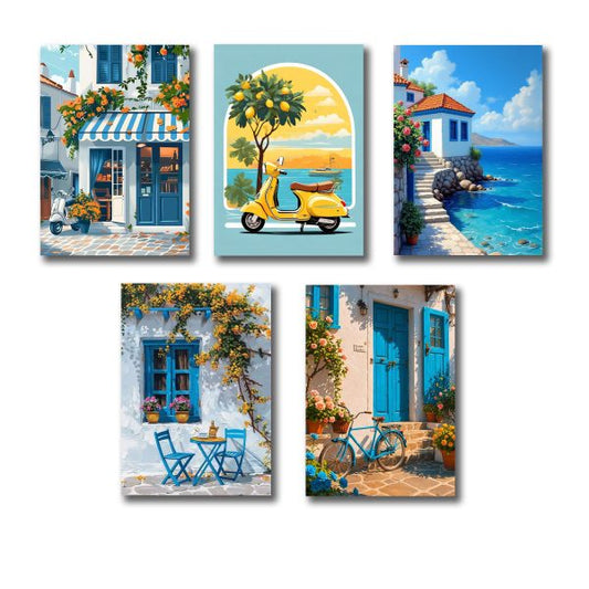 Set Of 5 Italian Vintage Homes Art Themed Wall Art(8x11")